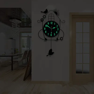 Креативные черные железные качели Висячие птицы прочные металлические электронные настенные часы большие настенные искусство и ремесла современный дизайн настенные часы - Цвет: luminous