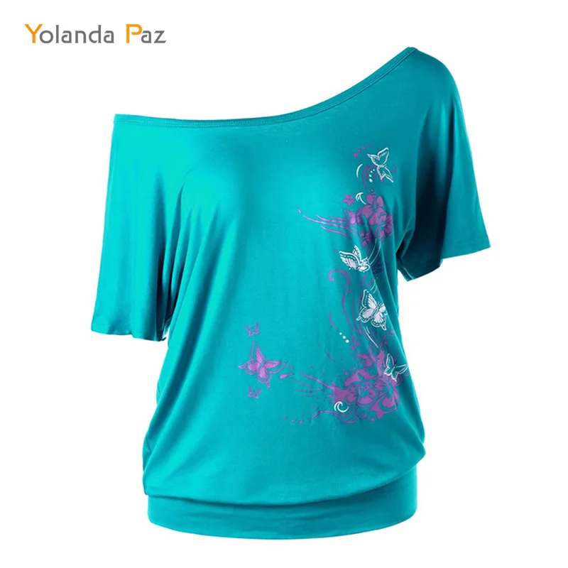 

Yolanda Paz Women Casual T Shirt One Shoulder Flower Butterfly Print T Shirts 2019 Summer Loose Casual Short Sleeve tops tees
