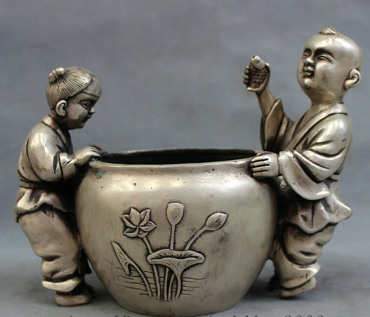 

8" Chinese Silver Child Kid Boy Hold Fish Statue Lotus Bowl Tank Incense Burner
