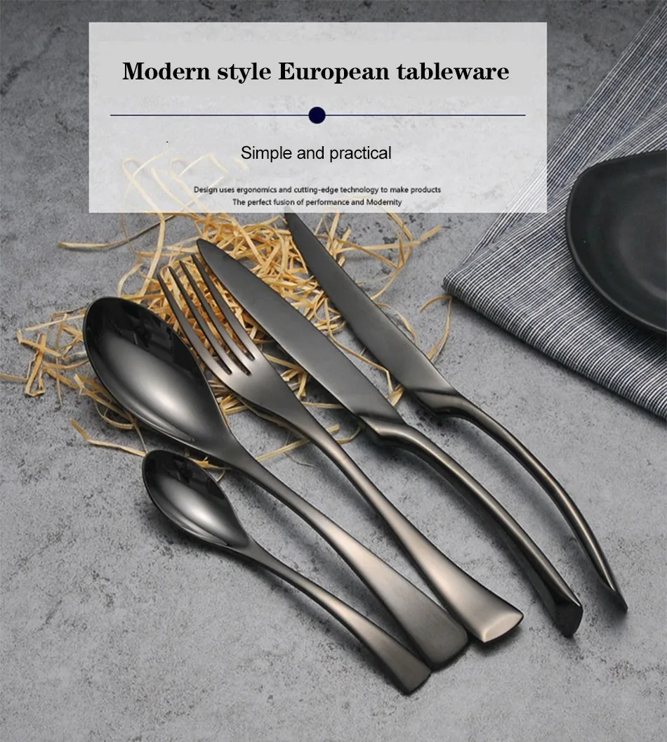Luxury Black Cutlery Set Stainless Steel Western Food Tableware Sets Fork Steak Knife TeaSpoon Dinner Dinnerware Set 4pcs 5pcs (1)
