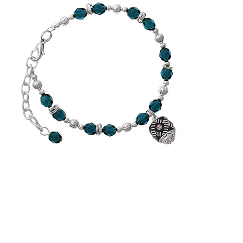 Silvertone Diagonal Banded Barrel with Pink Crystals Spinner Navy Blue Beaded Bracelet