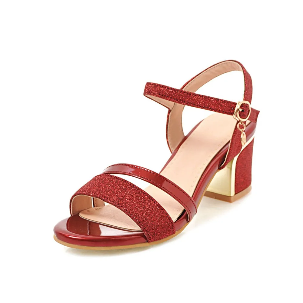 MORAZORA/ Новое поступление Женская обувь для вечеринок, расшитая блестками; сандалии Туфли для вечеринок и свадеб удобные на квадратном каблуке; большие размеры 33–43 - Цвет: Красный