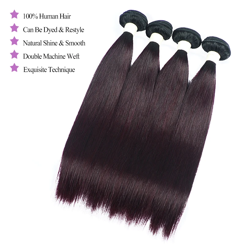 Эффектом деграде(переход от темного к бразильские Прямые вплетаемые волосы Цветной Shiningstar бордовый Пряди человеческих волос для наращивания 1/3/4 шт. фиолетовый виноград не волосы Remy путать