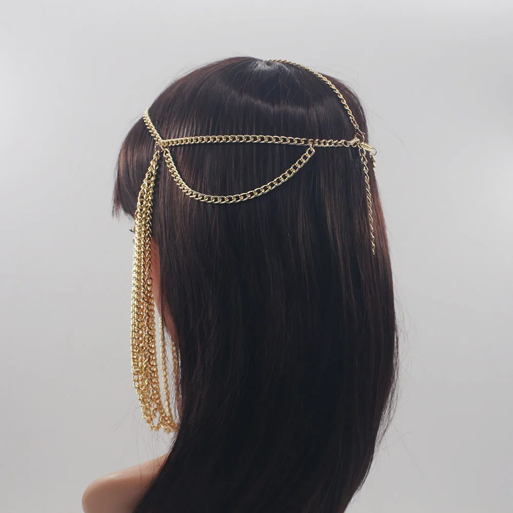 Модный золотой и серебряный цвета повязка на голову металлическая Длинная цепочка на голову с кисточкой вечерние аксессуары для волос головной убор ювелирные изделия для женщин