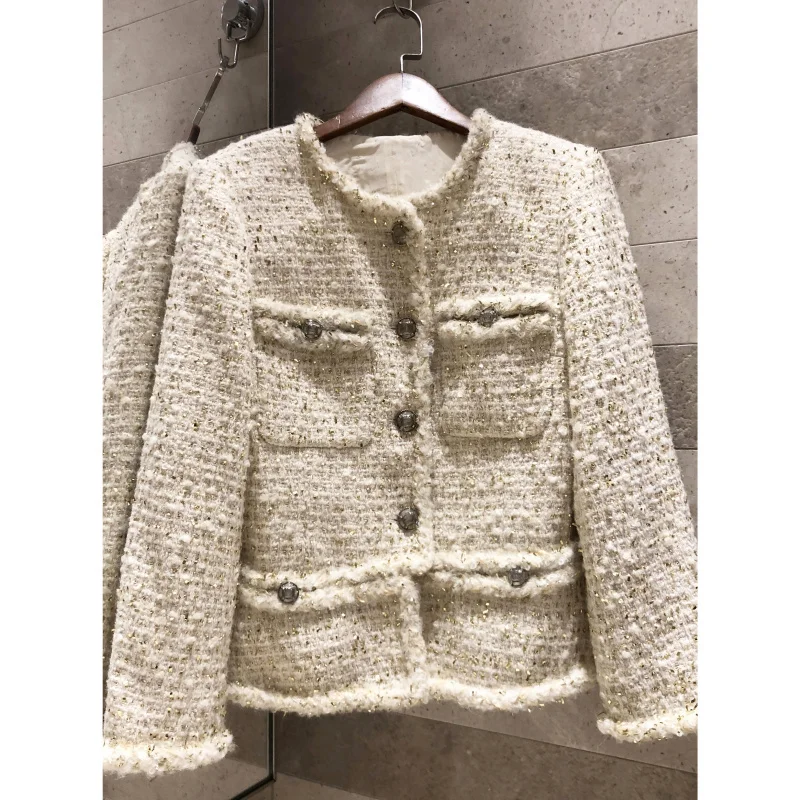 

2019 autumn winter high-end women's gold wire tweed braided chain striped button wool short coat silk lined exquisite coat