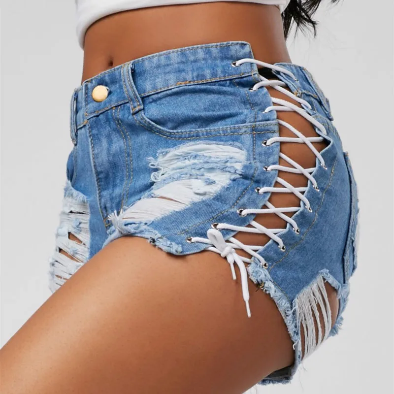 

Sexy Summer Women Denim Shorts 2018 New Black Blue High Waist Ripped Short Jeans Femme Tassel Lace Up Bandage Hotpants