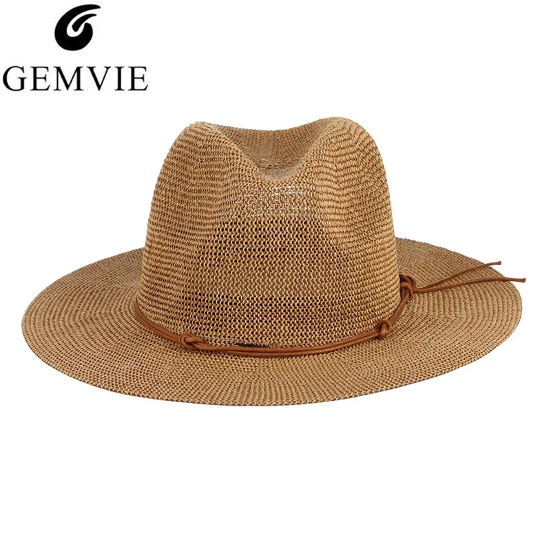 Online Nuevo sombrero de verano gemore Sombrero de Panamá sombrero de paja ahuecado para hombres mujeres lazo de cuero ala grande sol playa gorra de sombrero Jazz Fedora