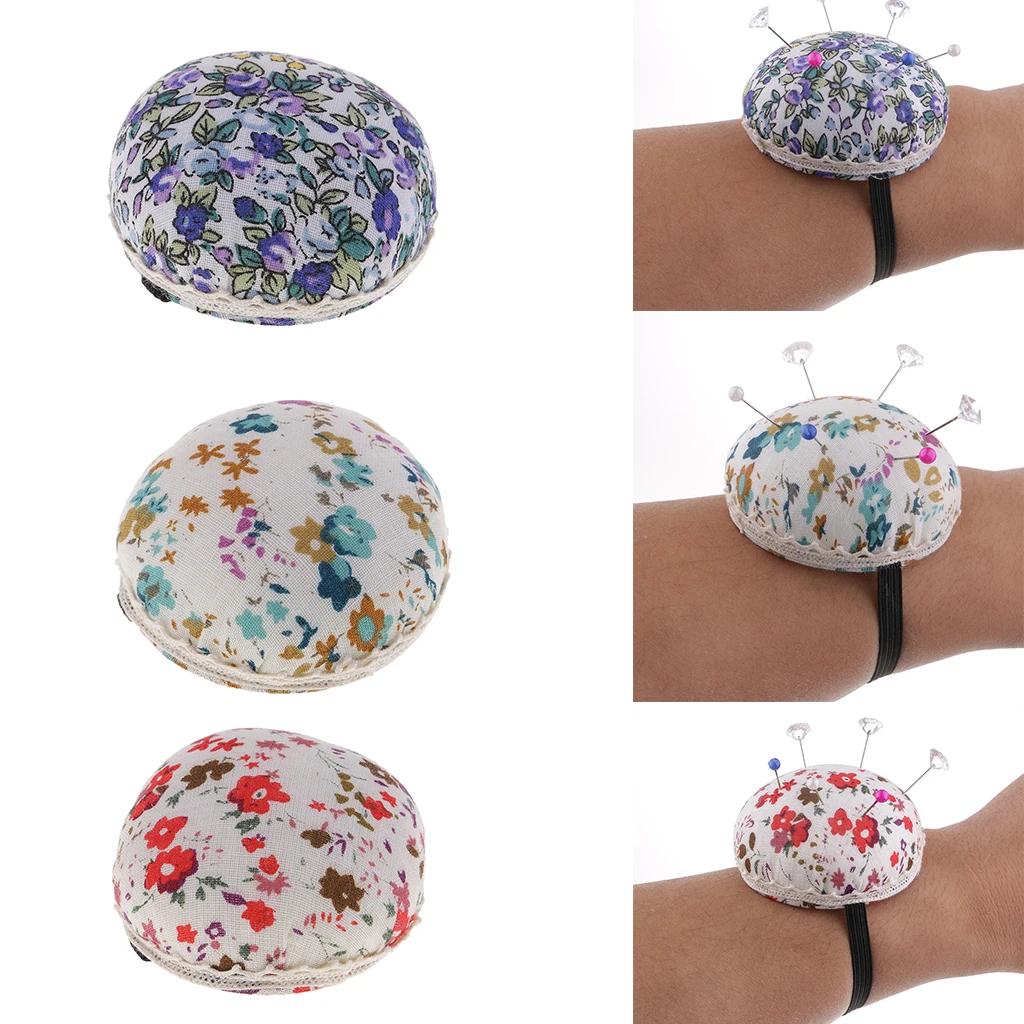 Ball Shape Sewing Pin Cushion Printed Flower Patterns Wrist Wearable Pincushion for Cross Stitch Quilting Needlework Sewing Tool