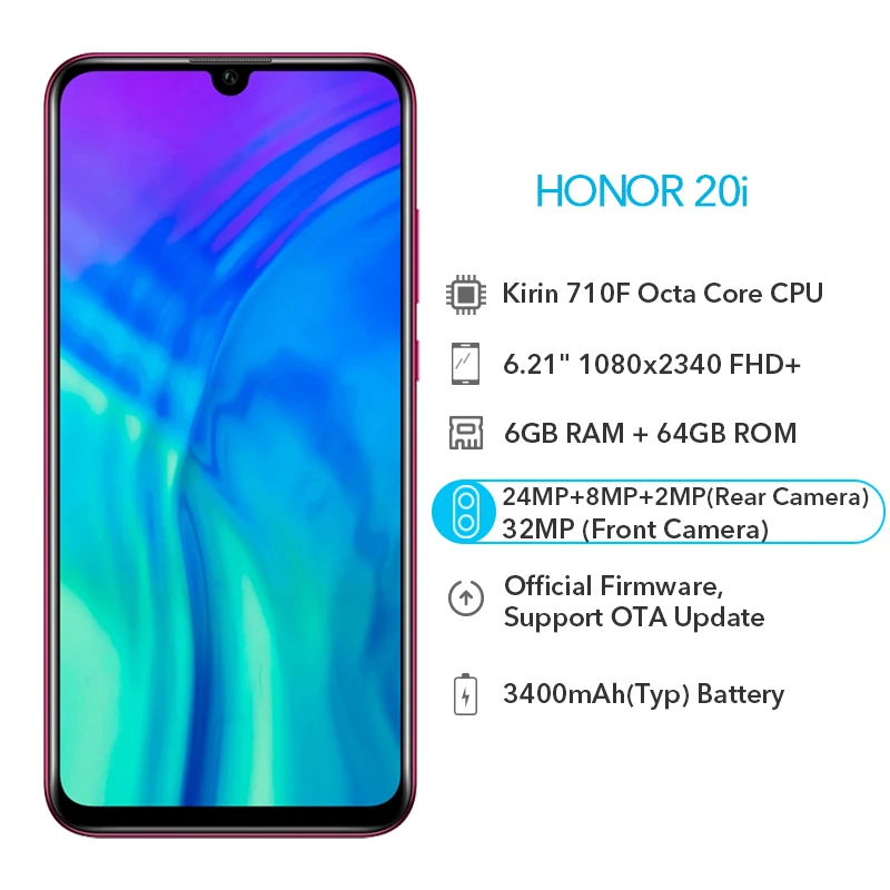 Google Play Honor 20i 64 Гб/128 Гб Смартфон фронтальная 32 Мп задняя 24 МП Тройная камера Kirin 710 6
