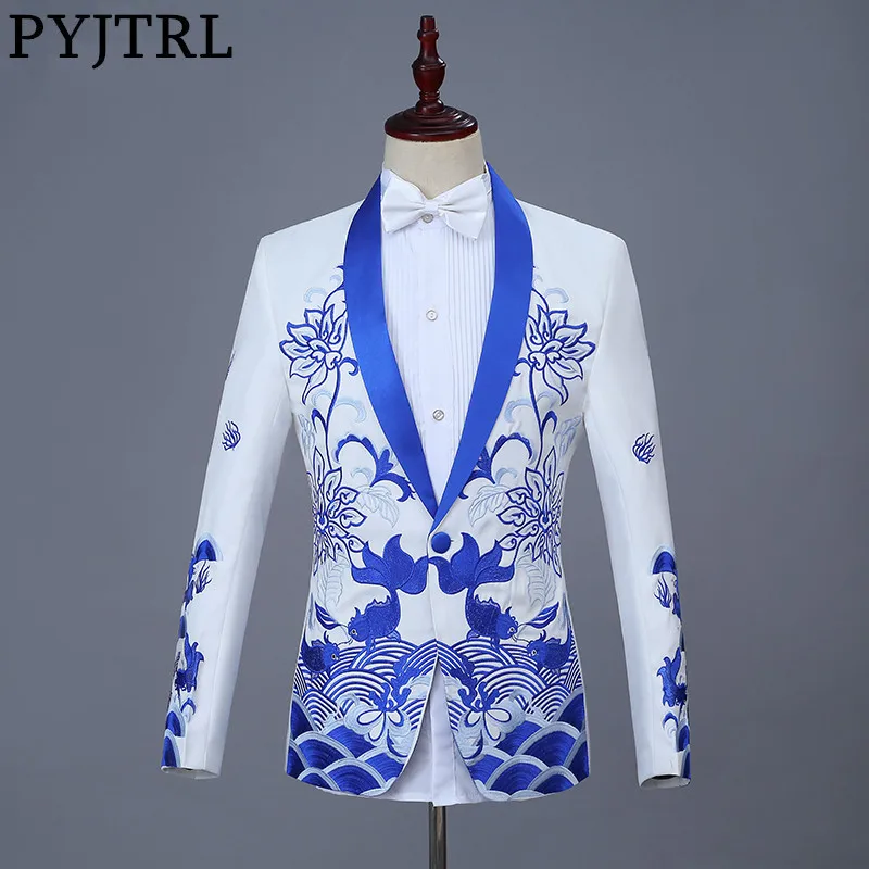 

PYJTRL New Chinese Style Red Blue Fish Embroidery Blazer Slim Fit Designs Men Shawl Lapel Suit Jacket Stage Singer Wear Coat