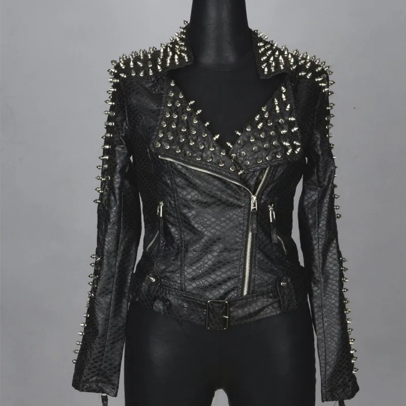 2019 Новая мода заклепки воротник с лацканами кожаная куртка черный из искусственной кожи женские байкерские куртки панк-рок Верхняя одежда