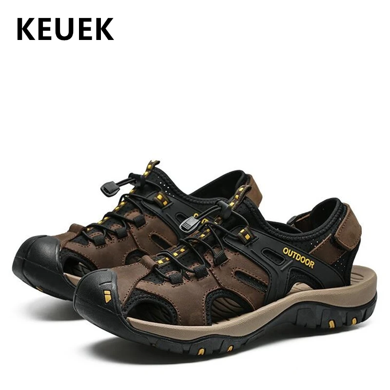 

Summer Men Sandals Non-slip Wear resistant Outdoor beach shoes Genuine leather Hook & Loop Hollow Sneakers Male Flats 02C