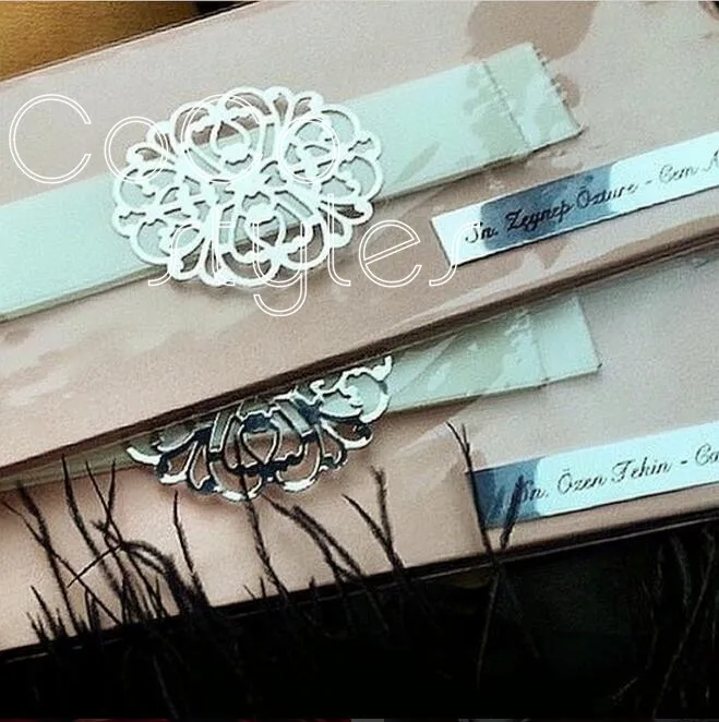  Cocostyles bespoke stunning silk hardcover invitation card with laser cut metal decoration and ribb - 32864897703