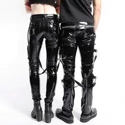 2019 панк готический искусственная кожа брюки с лентой для женщин Прохладный Высокая талия карман на молнии из искусственной кожи узкие
