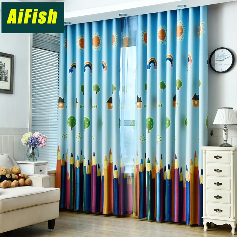 

Cartoon Pencil Blackout Curtains for Children's Room Bedroom Finished Custom Sheer Curtain Tulle Curtain Boys And Girls wp178&30