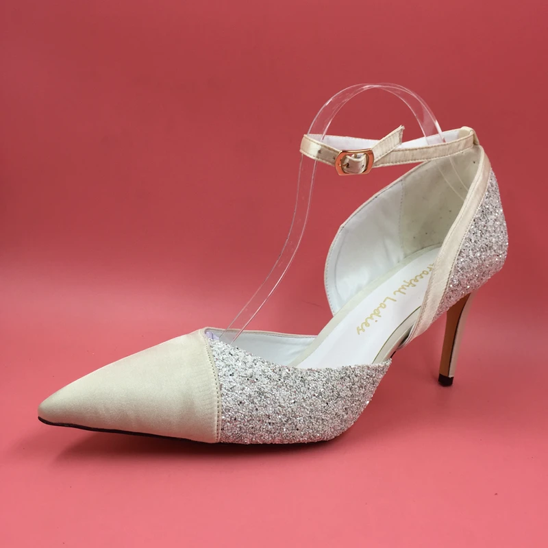 

Biege Satin White Glitter Pointed Toe Women Pumps Wedding Shoes For Brides Women Shoes High Heel Stilettos Large Size Pump