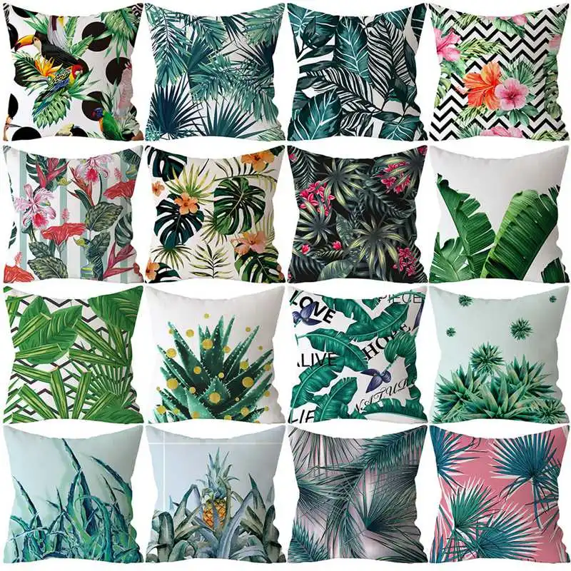 

Tropical Plants Pillow Case Polyester Pillowcases Green Leaves Throw Pillow Cover Tropical Plants