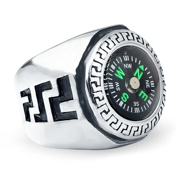 

Stainless Steel Men Rings with Compass Cool Outdoor Sports Rings Striped Engraved Punk Style Biker Jewelry for Male