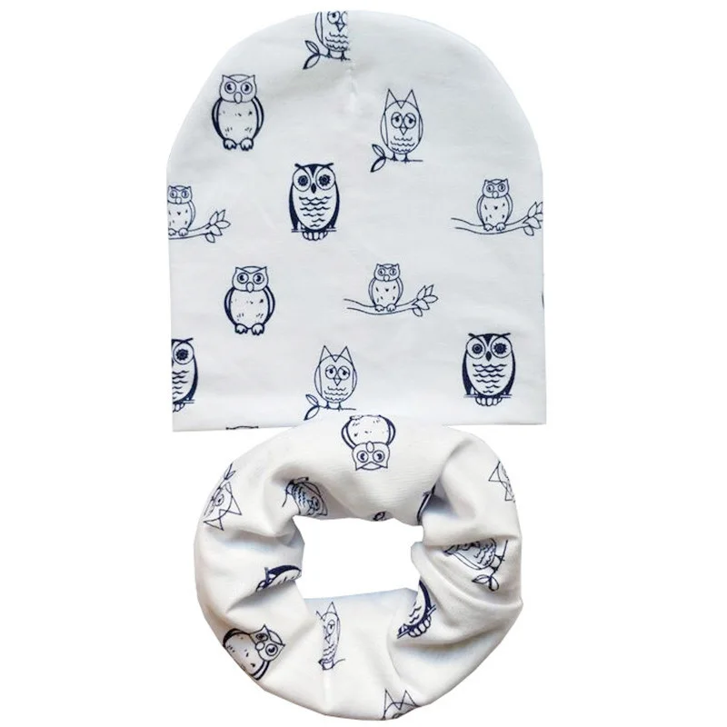 1 комплект, хлопковая детская шапка, шарф для мальчиков и девочек, осенне-зимняя детская шапка, шарф-воротник, теплые шапочки с принтом «я люблю мама папа» - Цвет: white owls