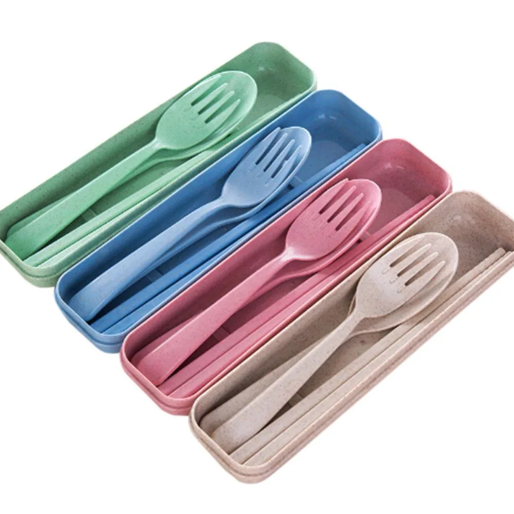 3PCS/Set Portable Cute Wheat Straw Lunch Dinner Dinnerware Sets Kit With Box Xmas Gift