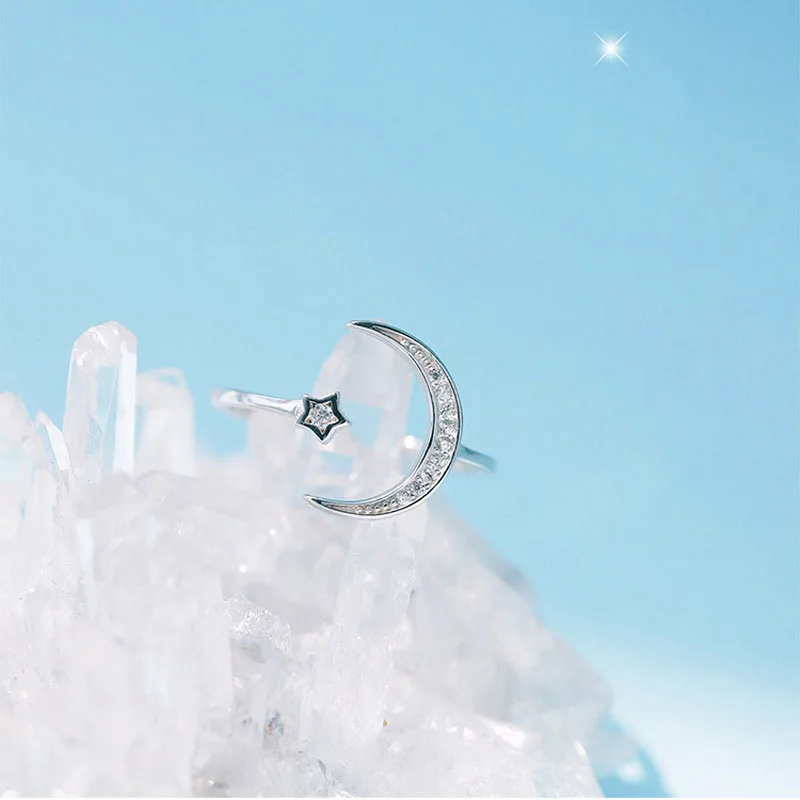 ANENJERY простой циркон Луна Звезда 925 пробы серебряные кольца для женщин Девушка регулируемый размер S-R467