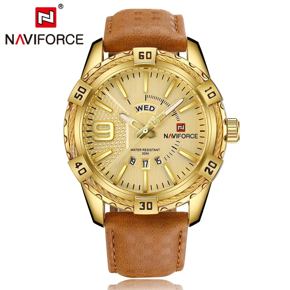 NAVIFORCE Роскошные брендовые часы мужские спортивные кожаные кварцевые