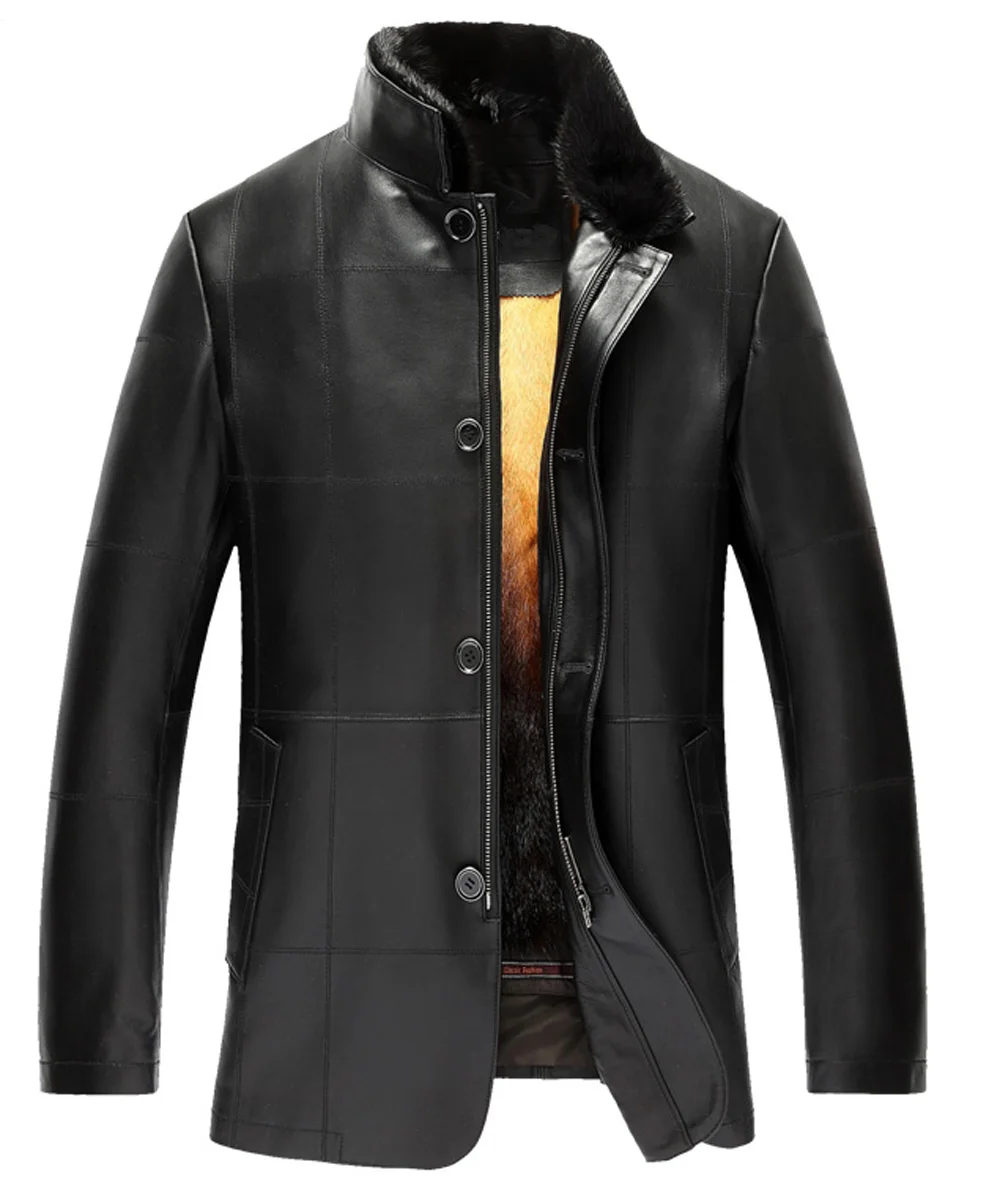 Men's Golden Mink Fur Lined Lambskin Coat Luxury Genuine Fur Outwear