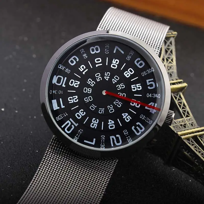 Fashion Unique Men's Watch Black/Silver Quartz Metal Mesh Wrist Watch Creative Mens Boy Turntable Dial Digital Clock Best Gift Fashion Unique Men's Watch Black/Silver Quartz Metal Mesh Wrist Watch Creative Mens Boy Turntable Dial Digital Clock Best Gift