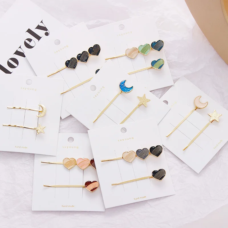 

2Pcs/set New Girls Heart-shaped Barrettes Moon Metal Hair Clips Headwear Set Simple Hairpins Fashion Hair Accessories For Women
