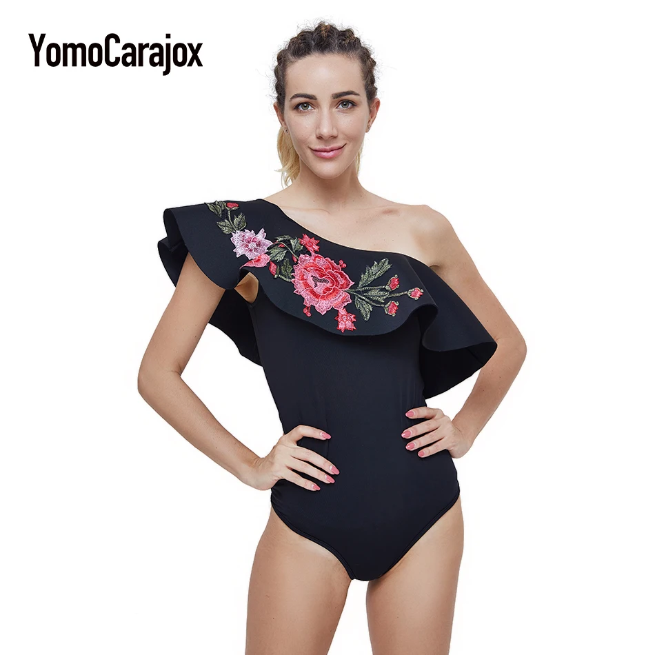 Women Swimwear One Piece Bikini Push Up Summer Sexy One Shoulder Off Beach Bathing Suit Floral Embroidery Flounce Swimsuit