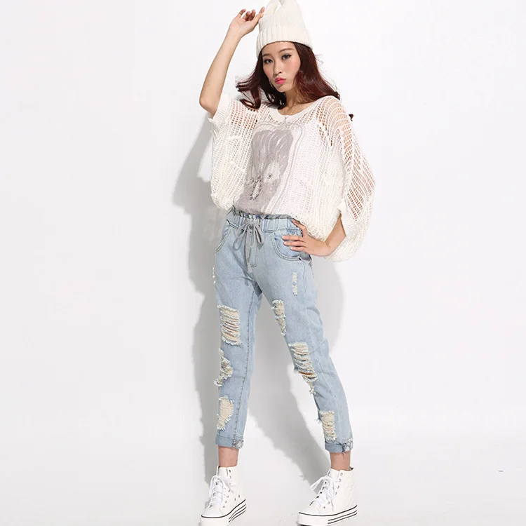 Ms elastic waist jeans female trousers Department of bandwidth loose waist hole straight jeans