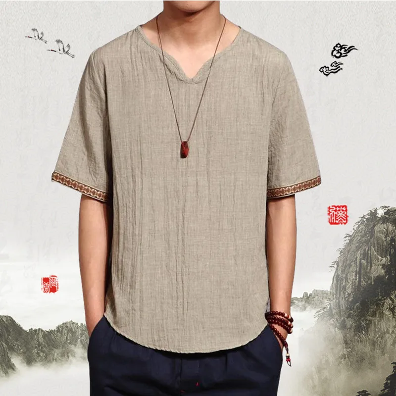 

Linen Men Shirts Chinese Culture Men's Shirt 2019 Summer Cool Thin breathes Loose Flax Short Sleeve Brand Shirts Plus size 5XL
