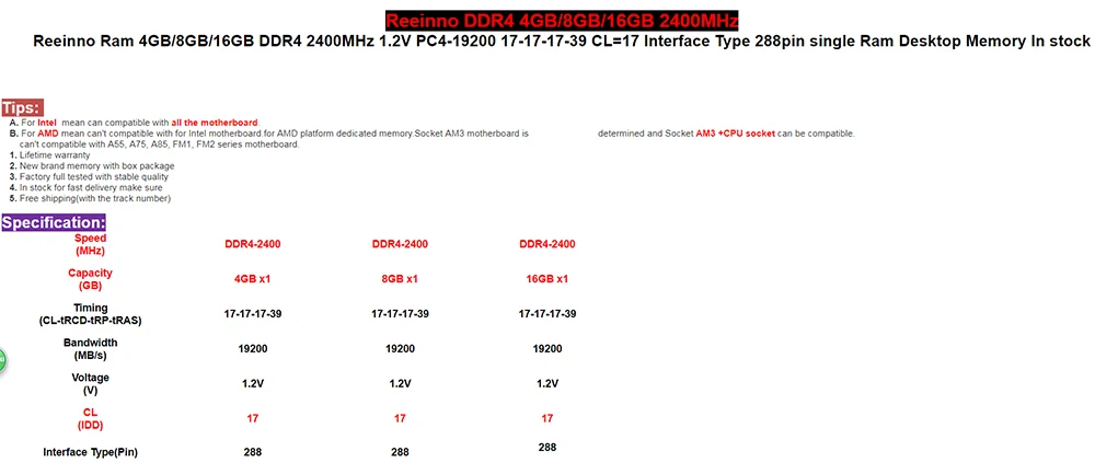Eeinno Ram 4 Гб/8 ГБ/16 ГБ DDR4 2400 МГц 1,2 в PC4-19200 17-17-17-39 CL = 17 Тип интерфейса 288pin одиночный модуль оперативной памяти Настольный память