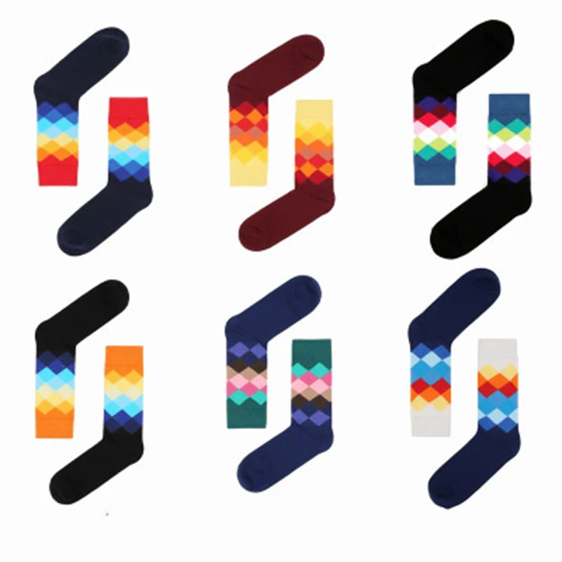 

2019 Fasjion Summer Long Socks Cotton Diamond Lattice Gradient Color Middle Tube Skateboard Funny Socks For Men And Women H
