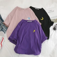 Camiseta sem sol, harajuku mulheres algodão nuvem relâmpago sol vintage bordado streetwear manga curta estilo coreano