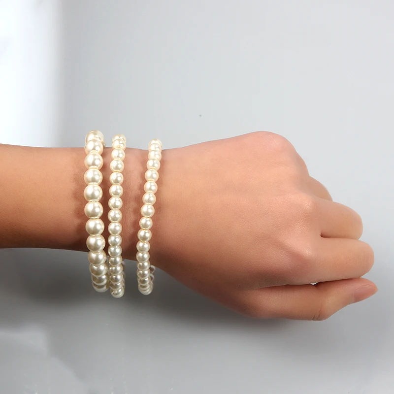 

SUKI 3 PCS/Set Charm Simulated-pearl Beads Bracelet White Color For Women Fashion Jewelry Bridal Wedding Accessories