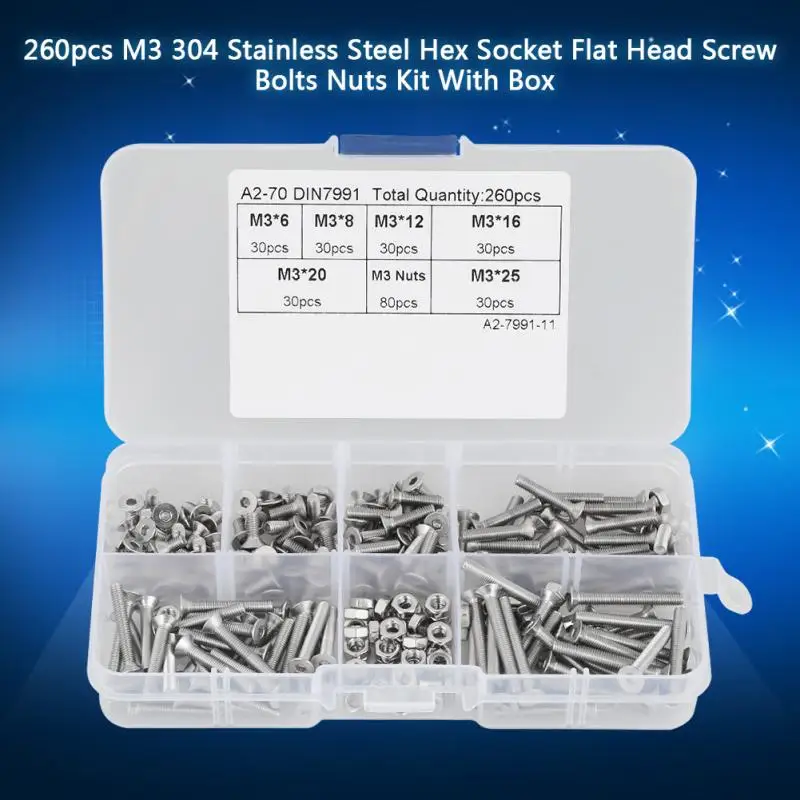

260Pcs/Lot M3 Screw Bolts 304 Stainless Steel Flat Head Screws Hex Socket Screw Bolts Nuts Kit With Box Assortment Kit Fasteners