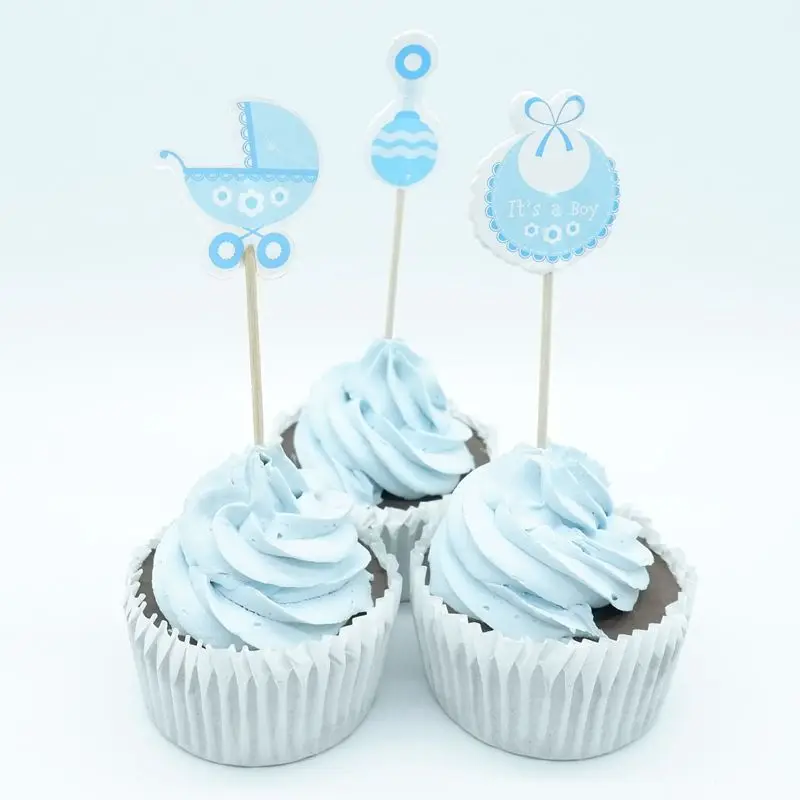 

18pcs Baby Shower Blue Cupcake Toppers pick Baby Shower Favors Party Supplies Decorations Its a Boy Girl Blue pink Game