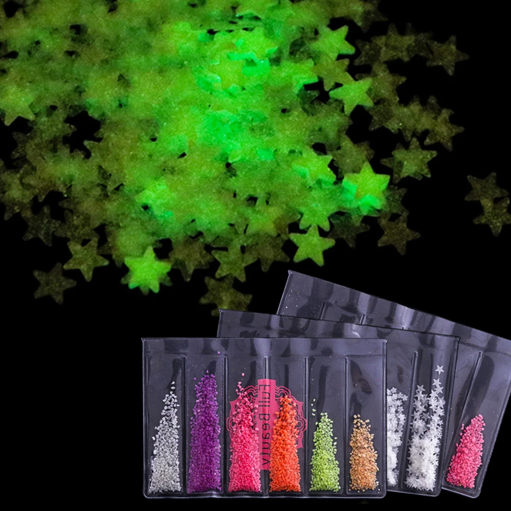 

1 Pack Luminous Mixed Nail Sequins Glitter Rhombus Stars Moon Fluorescence Powder 3d Nail Accessories Glow Polish Tips SAYP/A6