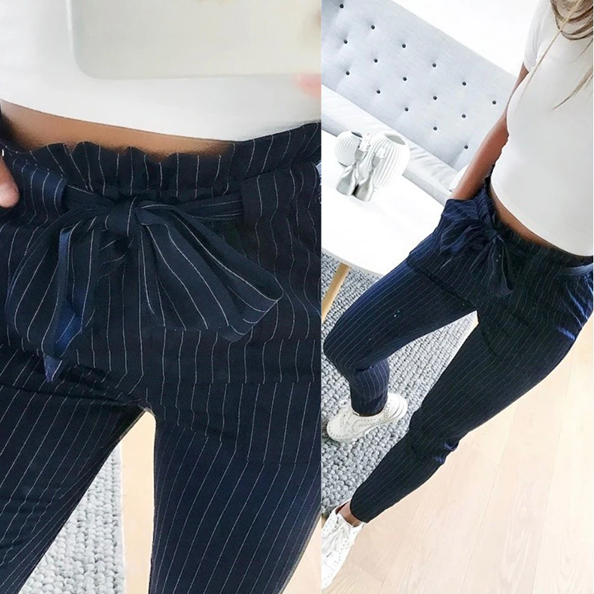 

OL chiffon high waist harem pants Women stringyselvedge summer style casual bottoms female 2019 New Blue Striped trousers