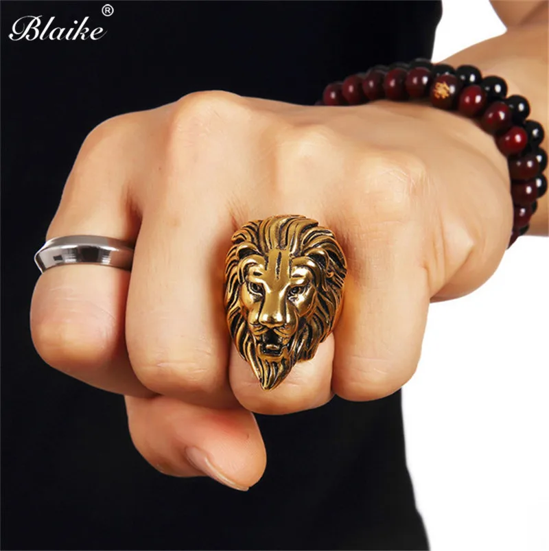 

Blaike Vintage Gold/Silver Color Copper Lion Head Mens Rings Retro Punk Lion King Crown Thumb Ring Party Band Jewelry Gifts