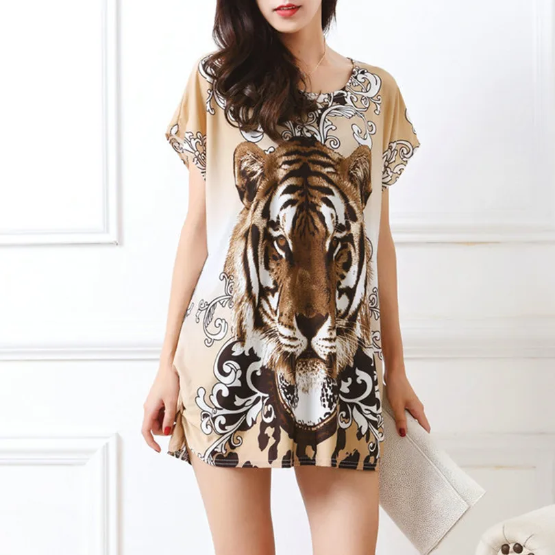 New summer spring 2018 Fashion Women short sleeve Dresses Plus Size Dress Loose Print tunic casual tops L-5XL tiger leopar | Женская