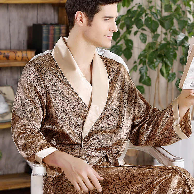 

Men's Silk Bath Robe Autumn long-sleeved Plus Size Bathrobes Male Print Geometric Robes V-neck Satin Sleepwear Nightgown
