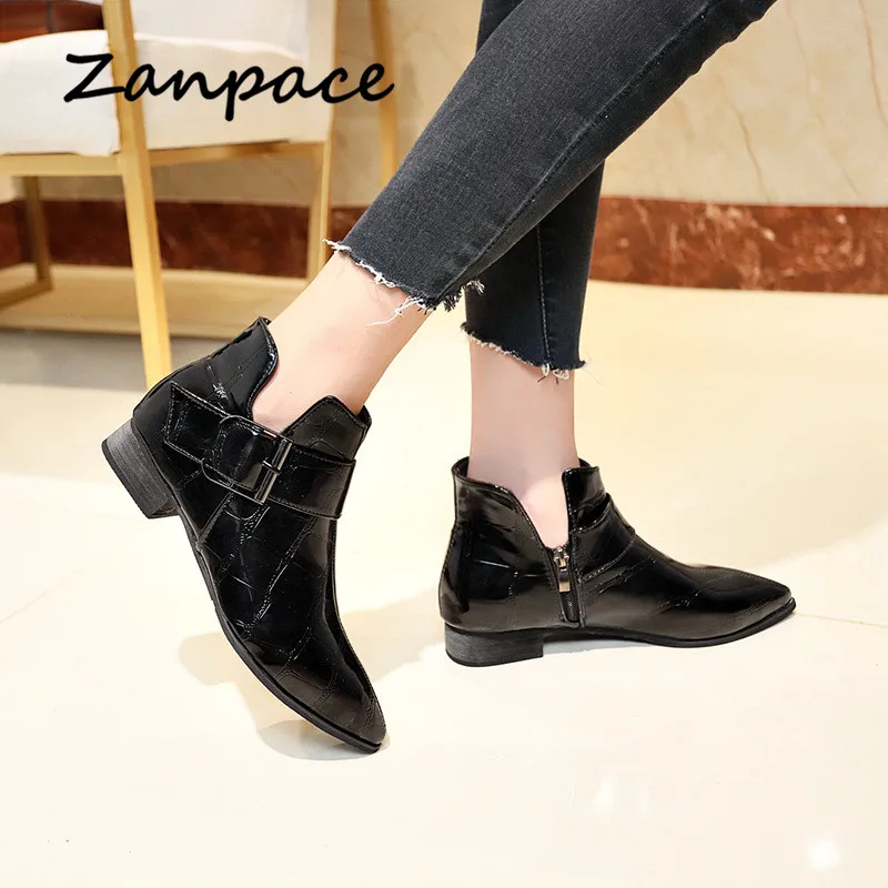 Zanpace 2019  Women Boots Retro Leather Women Shoes Spring Low Heel Shiny Boots Pointed Toe Ankle Boots Women Zapatos De Mujer