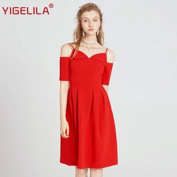 

YIGELILA Latest Women Red Spaghetti Strap Dress Fashion Sexy Off Shoulder V-neck Backless Solid Empire Slim Party Dress 63184