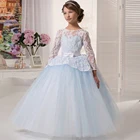 Elegant Vestido Primera Communion Lace Up Open Back Long Appliques Bow Sash  First Communion Dresses Girls Tulle Ball Gowns 2016