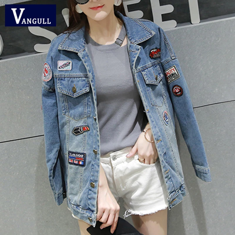 

Women Harajuku BF Wind Denim Jackets Korean 2019 Spring Autumn New Patch Badge Single Breasted Large Size Loose Long Jean Coat