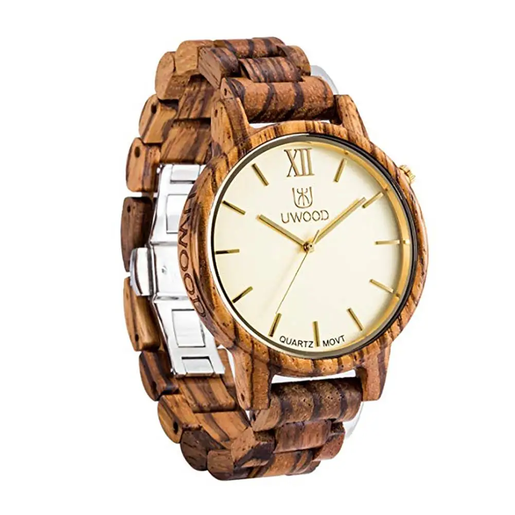 

Newly Casual Men Wooden Round Dial Linked Strap Band Analog Pointed Quartz Wrist Watch