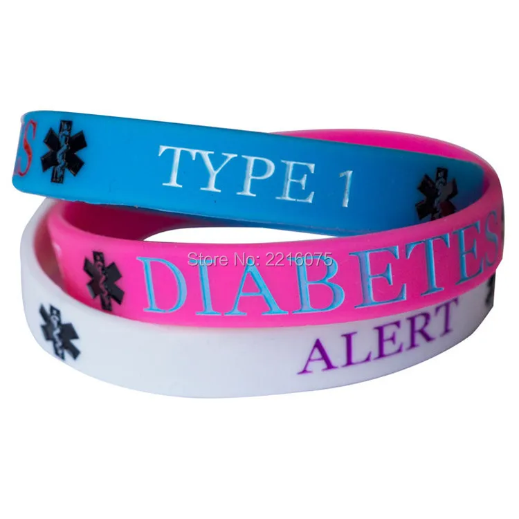 300pcs Blue pink white Medical Alert DIABETES TYPE 1 wristband silicone