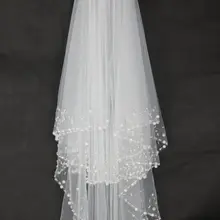 2 т белый/слоновая кость Локоть бисера Край жемчужные блестки Люкс свадебная фата с расческой